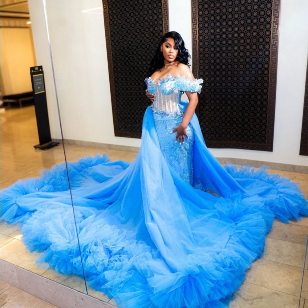 Blue Off-the-Shoulder Prom Gown
